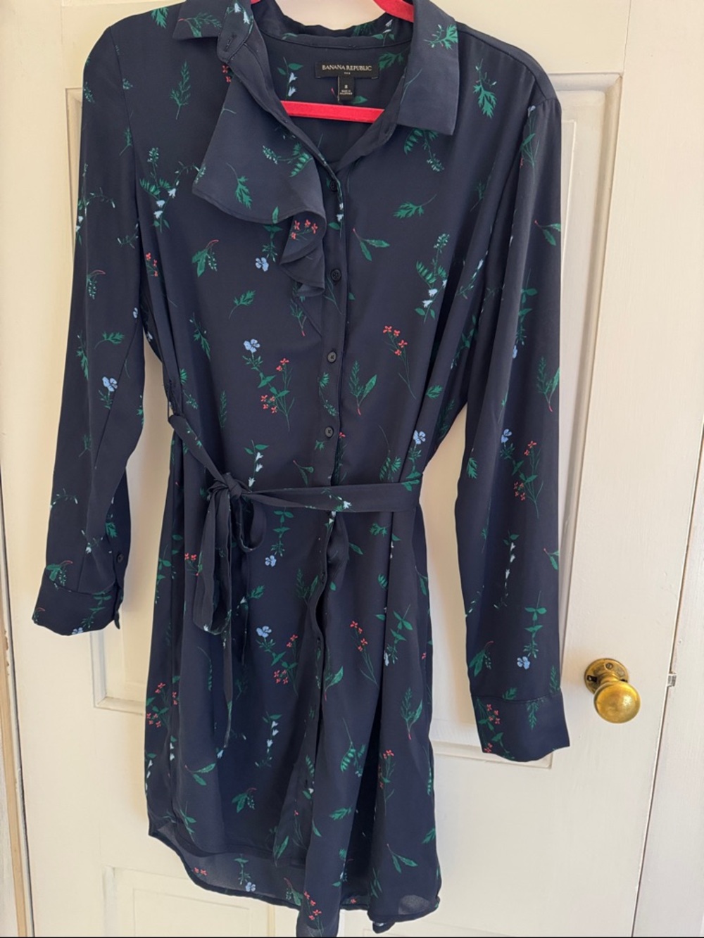 Banana Republic Factory Navy Floral Long-Sleeve Shirt Dress with Self-Tie
